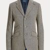 Marinblå / gräddfärgad dam Ralph Lauren linneblandning fiskbens-hackablazers