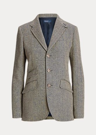 Marinblå / gräddfärgad dam Ralph Lauren linneblandning fiskbens-hackablazers