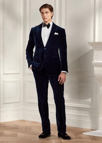 Marinblå herr Ralph Lauren Gregory Velvet formella byxor