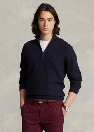 Marinblå herr Ralph Lauren Meshstickad bomullströja med kvarts dragkedja