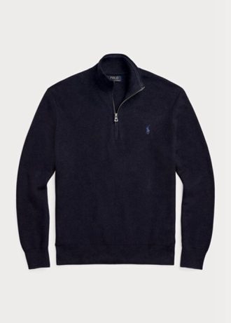 Marinblå herr Ralph Lauren Meshstickad bomullströja med kvarts dragkedja