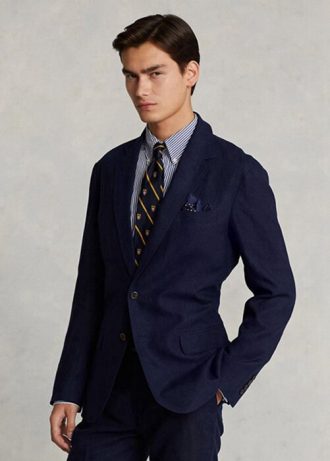 Marinblå herr Ralph Lauren Polo Mjuk linne kostym blazers
