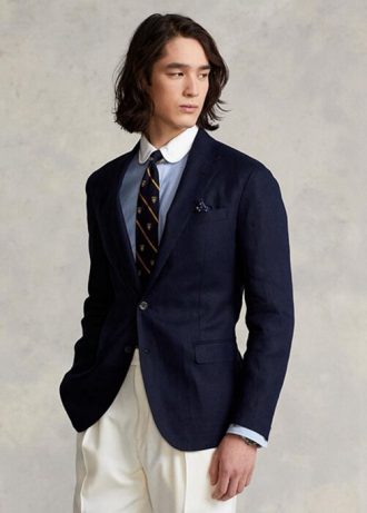 Marinblå herr Ralph Lauren Polo Mjuk linne kostym blazers