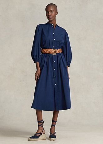 Marinblå kvinnors Ralph Lauren Cotton Broadcloth Klänning