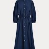 Marinblå kvinnors Ralph Lauren Cotton Broadcloth Klänning Marinblå kvinnors Ralph Lauren Cotton Broadcloth Klänning