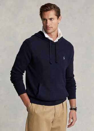 Marinblå mäns Ralph Lauren texturerad bomull huvtröjor