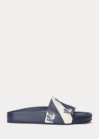 Marinblå Ralph Lauren Audrina logotyp Tofflor i konstläder för kvinnor