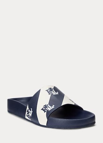 Marinblå Ralph Lauren Audrina logotyp Tofflor i konstläder för kvinnor