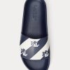 Marinblå Ralph Lauren Audrina-logotyp sandaler i konstläder för kvinnor Marinblå Ralph Lauren Audrina-logotyp sandaler i konstläder för kvinnor