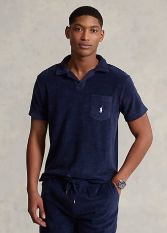 Marinblå Ralph Lauren Custom Slim Fit frottépikétröjor för män Marinblå Ralph Lauren Custom Slim Fit frottépikétröjor för män
