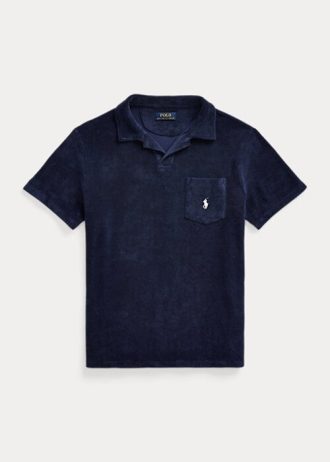 Marinblå Ralph Lauren Custom Slim Fit frottépikétröjor för män Marinblå Ralph Lauren Custom Slim Fit frottépikétröjor för män