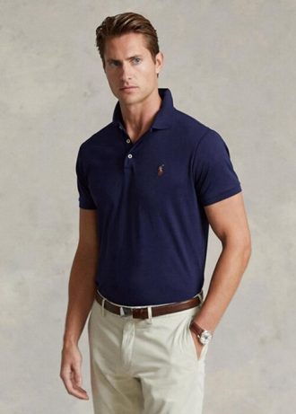 Marinblå Ralph Lauren Custom Slim Fit Pikétröjor i mjuk bomull för män Marinblå Ralph Lauren Custom Slim Fit Pikétröjor i mjuk bomull för män