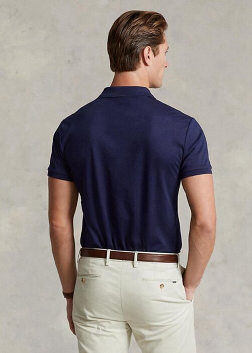 Marinblå Ralph Lauren Custom Slim Fit Pikétröjor i mjuk bomull för män Marinblå Ralph Lauren Custom Slim Fit Pikétröjor i mjuk bomull för män
