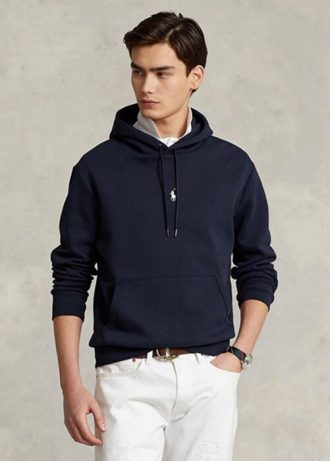 Marinblå Ralph Lauren dubbelstickad luvtröja för män