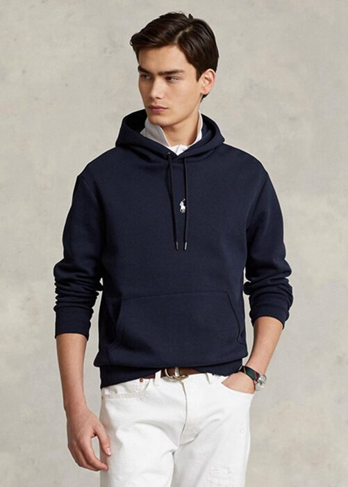 Marinblå Ralph Lauren dubbelstickad luvtröja för män Marinblå Ralph Lauren dubbelstickad luvtröja för män