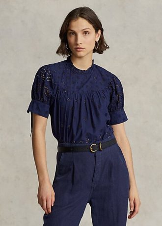 Marinblå Ralph Lauren Eyelet-broderade bomullstoppar för kvinnor
