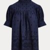 Marinblå Ralph Lauren Eyelet-broderade bomullstoppar för kvinnor Marinblå Ralph Lauren Eyelet-broderade bomullstoppar för kvinnor