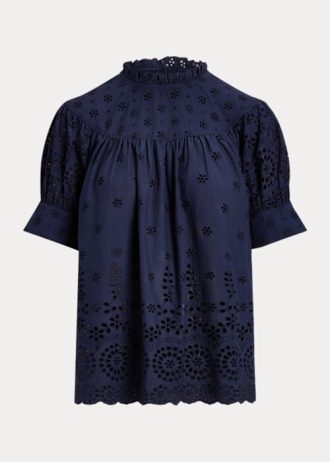 Marinblå Ralph Lauren Eyelet-broderade bomullstoppar för kvinnor