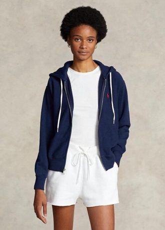 Marinblå Ralph Lauren-huvtröja i fleece med hel dragkedja för kvinnor