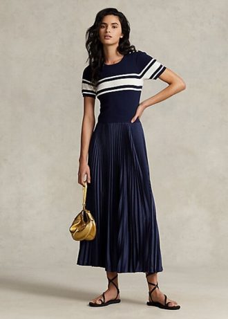 Marinblå Ralph Lauren Hybrid-plisserad klänning för kvinnor Marinblå Ralph Lauren Hybrid-plisserad klänning för kvinnor