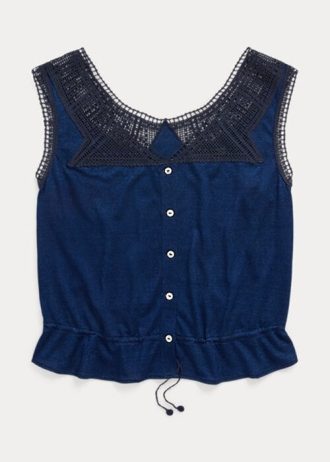 Marinblå Ralph Lauren Indigo Camisole-skjortor med virkad trim för kvinnor