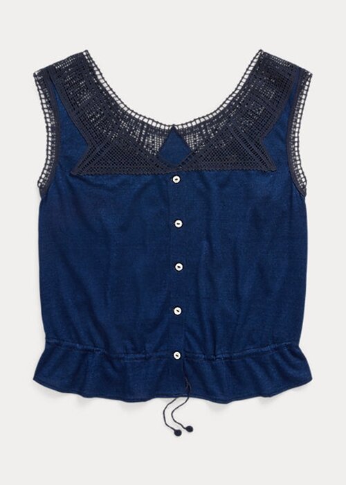 Marinblå Ralph Lauren Indigo Camisole-skjortor med virkad trim för kvinnor Marinblå Ralph Lauren Indigo Camisole-skjortor med virkad trim för kvinnor