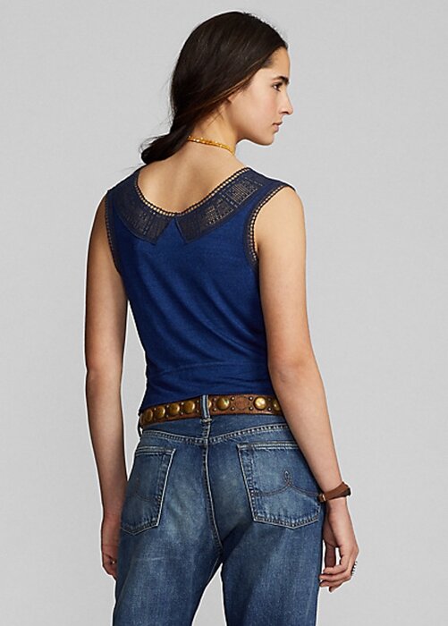 Marinblå Ralph Lauren Indigo Camisole-skjortor med virkad trim för kvinnor Marinblå Ralph Lauren Indigo Camisole-skjortor med virkad trim för kvinnor