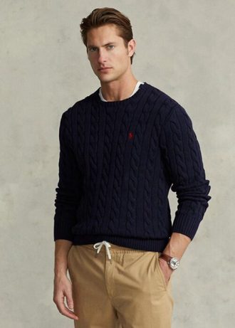Marinblå Ralph Lauren Kabelstickad bomullströja för män