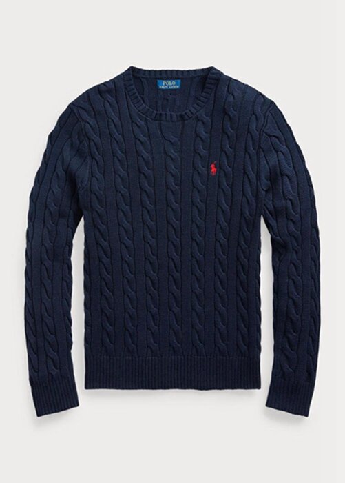 Marinblå Ralph Lauren Kabelstickad bomullströja för män Marinblå Ralph Lauren Kabelstickad bomullströja för män