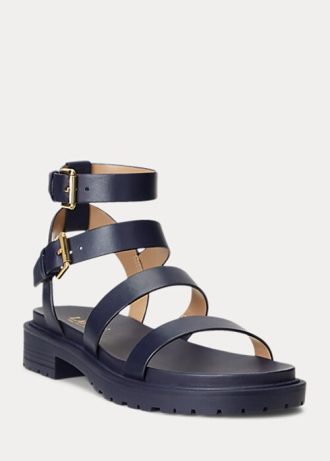 Marinblå Ralph Lauren Kayleen Nappa Lädersandaler för kvinnor