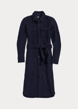 Marinblå Ralph Lauren Klänning i ull-bomull med bälte för kvinnor