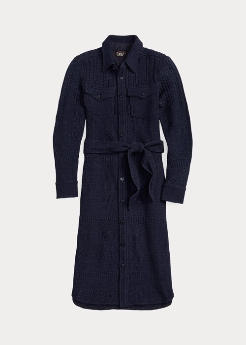 Marinblå Ralph Lauren Klänning i ull-bomull med bälte för kvinnor Marinblå Ralph Lauren Klänning i ull-bomull med bälte för kvinnor