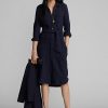 Marinblå Ralph Lauren Klänning i ull-bomull med bälte för kvinnor Marinblå Ralph Lauren Klänning i ull-bomull med bälte för kvinnor