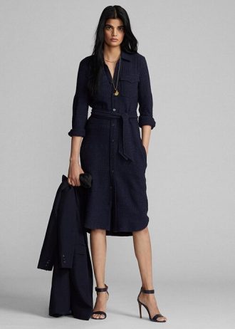 Marinblå Ralph Lauren Klänning i ull-bomull med bälte för kvinnor