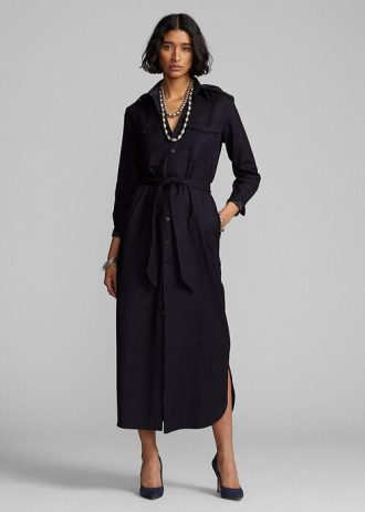 Marinblå Ralph Lauren Klänning i ullblandning med bälte för kvinnor