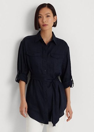 Marinblå Ralph Lauren linneskjortor med bälte för kvinnor Marinblå Ralph Lauren linneskjortor med bälte för kvinnor