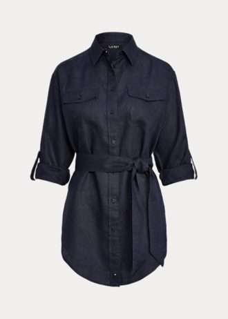 Marinblå Ralph Lauren linneskjortor med bälte för kvinnor Marinblå Ralph Lauren linneskjortor med bälte för kvinnor