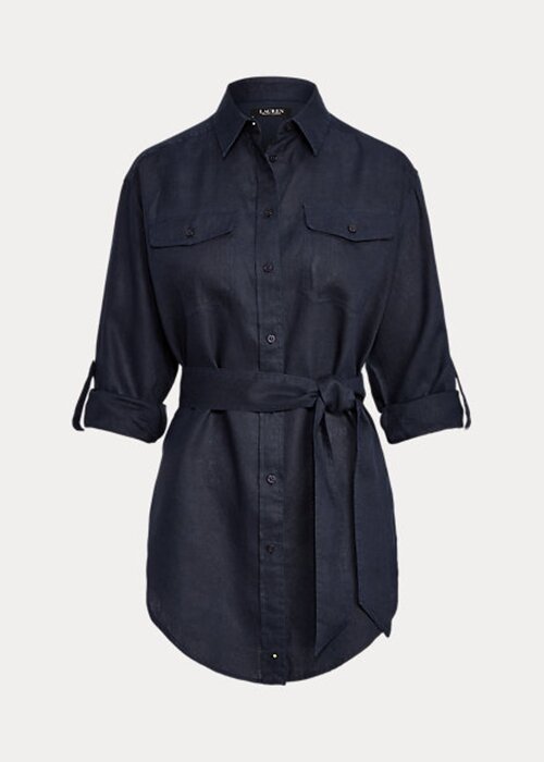 Marinblå Ralph Lauren linneskjortor med bälte för kvinnor Marinblå Ralph Lauren linneskjortor med bälte för kvinnor