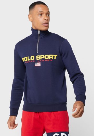 Marinblå Ralph Lauren-logotyp tröja med halv dragkedja för män