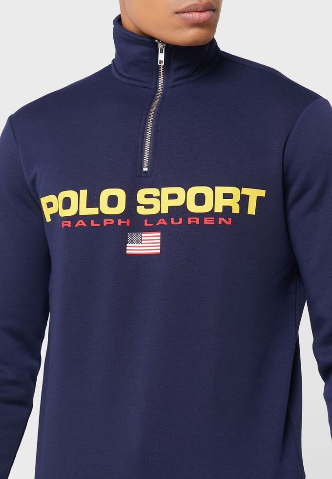Marinblå Ralph Lauren-logotyp tröja med halv dragkedja för män Marinblå Ralph Lauren-logotyp tröja med halv dragkedja för män