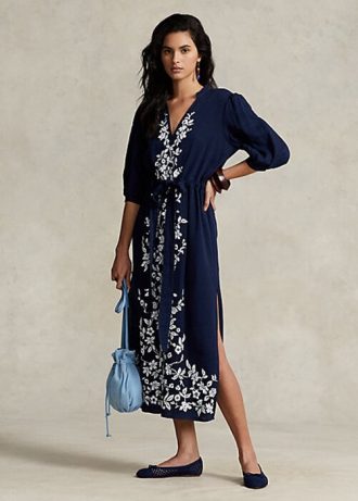 Marinblå Ralph Lauren maxiklänning med blommig broderad gasväv för kvinnor