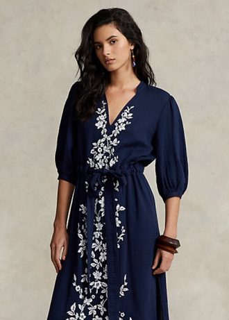 Marinblå Ralph Lauren maxiklänning med blommig broderad gasväv för kvinnor