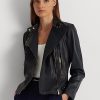 Marinblå Ralph Lauren Moto-jackor i läder i tumlat läder Marinblå Ralph Lauren Moto-jackor i läder i tumlat läder