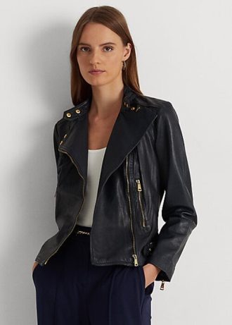 Marinblå Ralph Lauren Moto-jackor i läder i tumlat läder