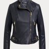 Marinblå Ralph Lauren Moto-jackor i läder i tumlat läder Marinblå Ralph Lauren Moto-jackor i läder i tumlat läder