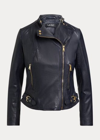 Marinblå Ralph Lauren Moto-jackor i läder i tumlat läder