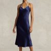 Marinblå Ralph Lauren Mulberry Silk Midi Slipklänning för kvinnor Marinblå Ralph Lauren Mulberry Silk Midi Slipklänning för kvinnor