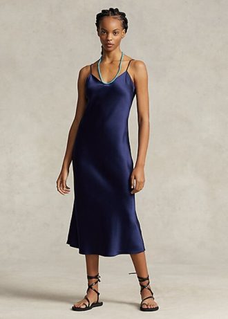 Marinblå Ralph Lauren Mulberry Silk Midi Slipklänning för kvinnor