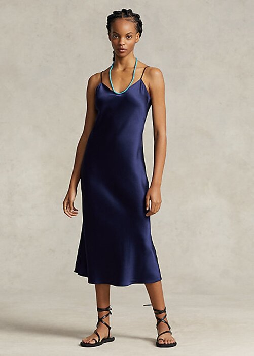 Marinblå Ralph Lauren Mulberry Silk Midi Slipklänning för kvinnor Marinblå Ralph Lauren Mulberry Silk Midi Slipklänning för kvinnor