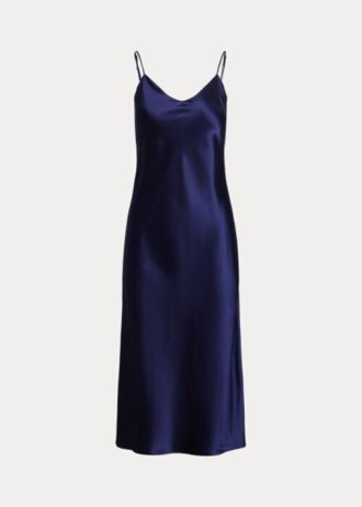 Marinblå Ralph Lauren Mulberry Silk Midi Slipklänning för kvinnor